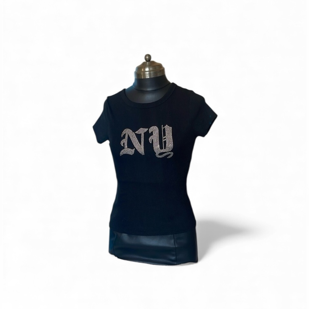 Faded Rose black top with plastic rhinestones in the front saying NY polyester